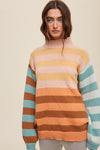 Striped Apricot Color Block Mock Neck Loose Fit Sweater