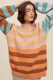Striped Apricot Color Block Mock Neck Loose Fit Sweater