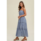 PLEATED TIERED MAXI DRESS WITH RUFFLE BLUE